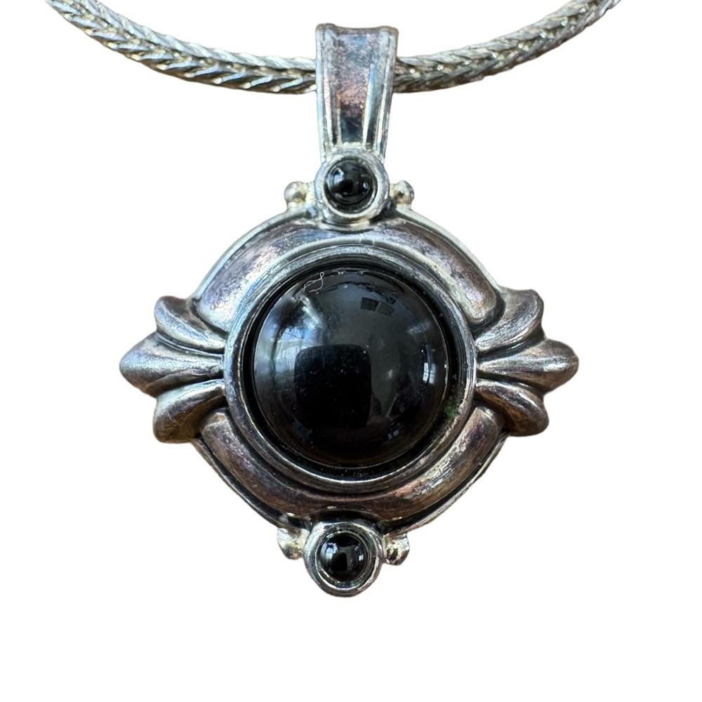Vintage Silver Tone Black Onyx Cabochon Pendant Necklace Artisan Style